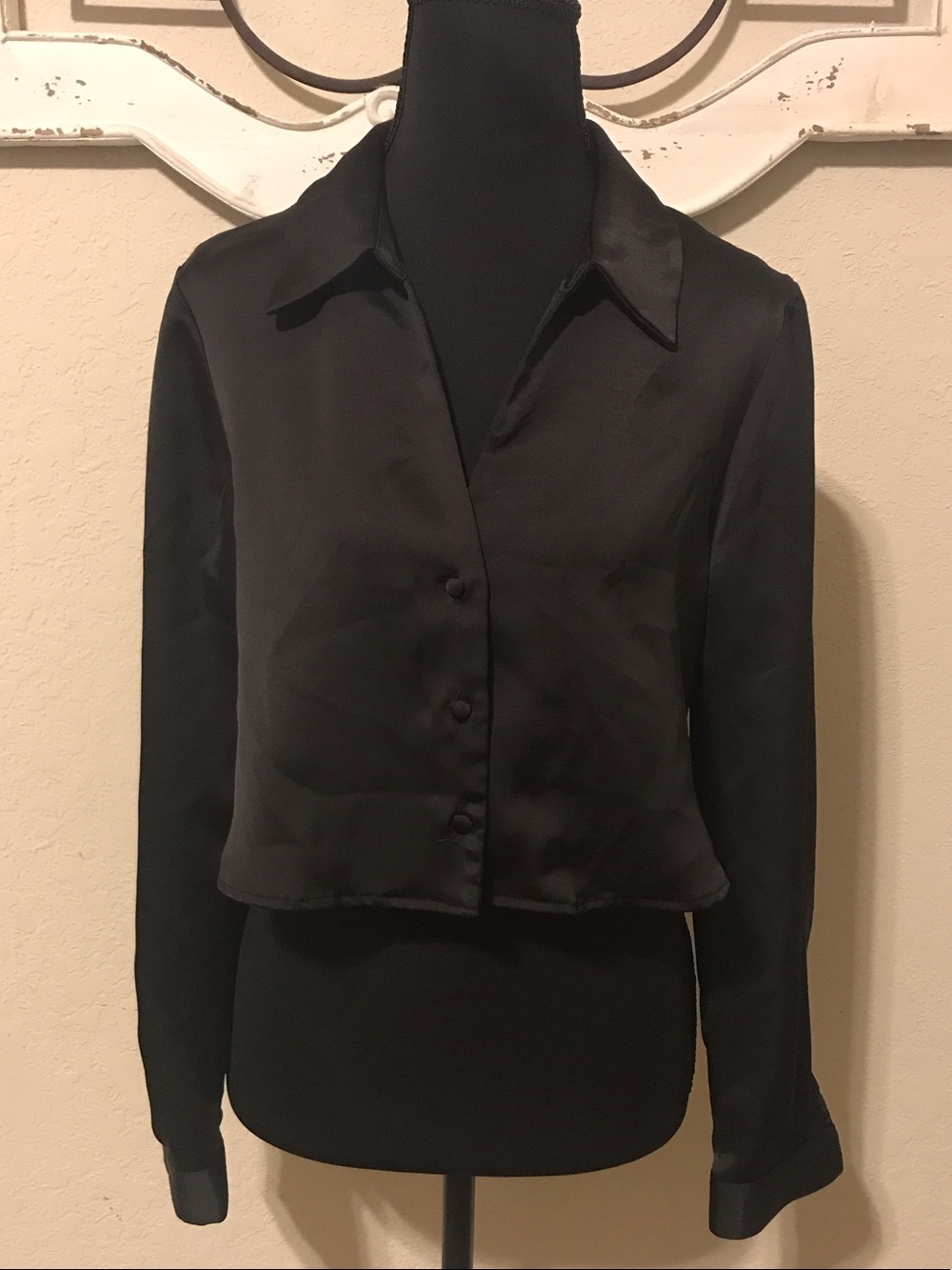 Zara Black Satin Long-Sleeve Button Front Crop